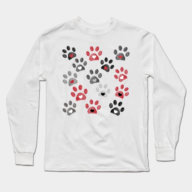 Red, black and grey doodle paw print Long Sleeve T-Shirt by GULSENGUNEL